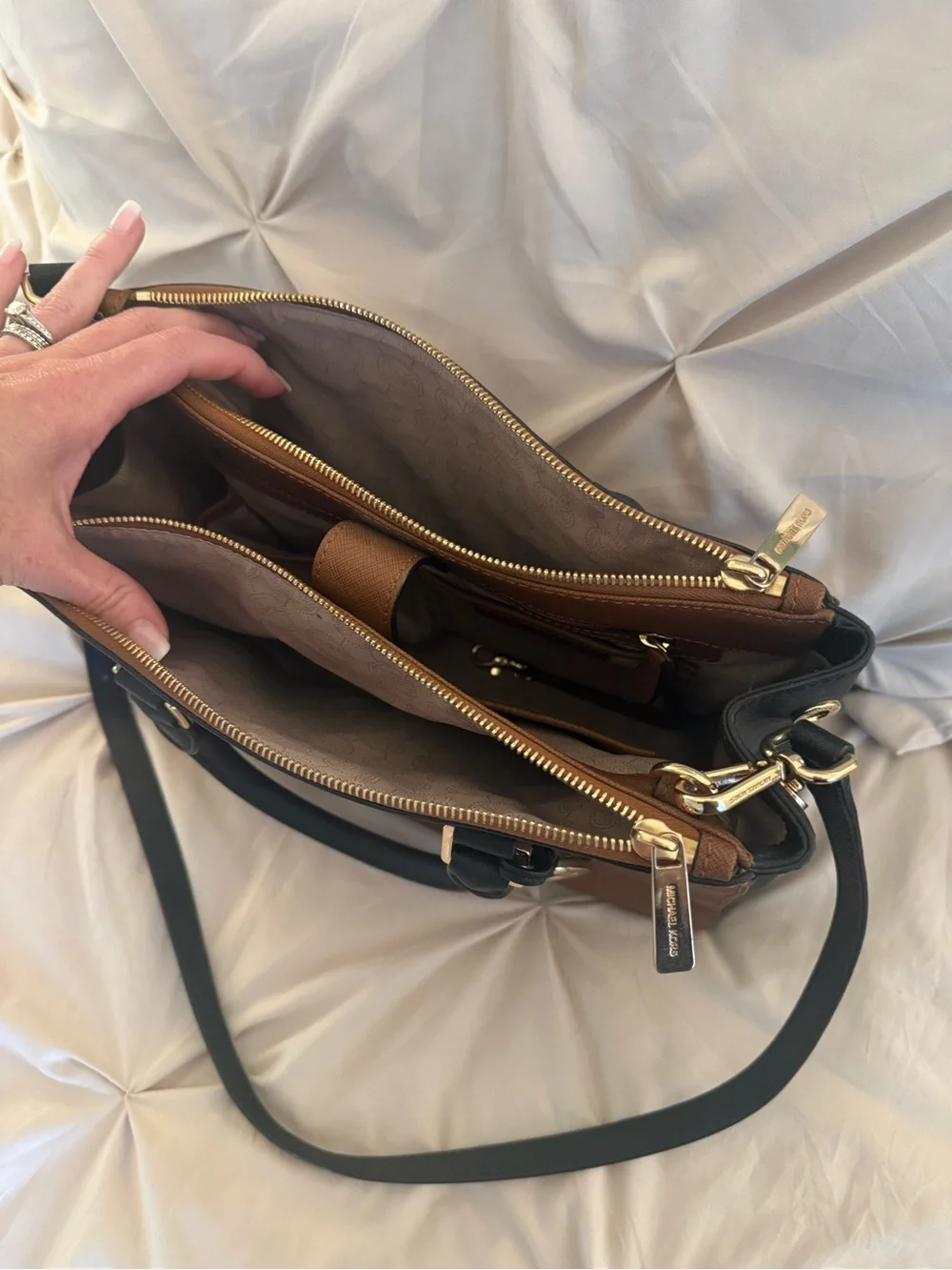 MICHAEL KORS Brown and Black Saffiano Leather Satchel with Gold Hardware
